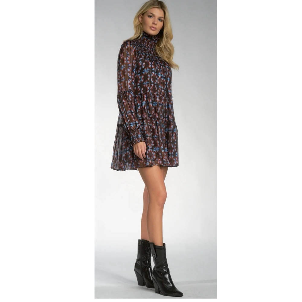 Elan Women's Brown Geo Foil Celia Dress Medium Long Sleeve High Neck Babydoll
